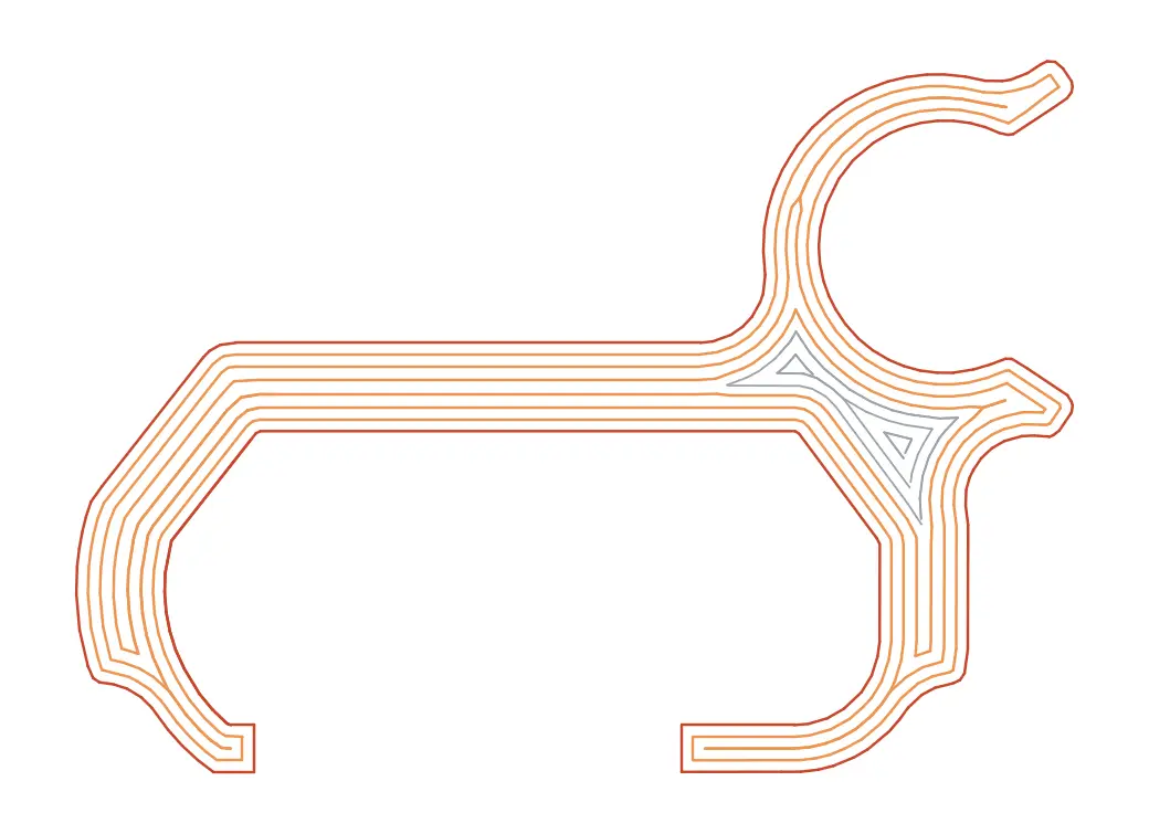 One printed layer of the clip. The claw and body are made of continuous loops of plastic, shown in orange, with a little gray fill in the thickest corner.