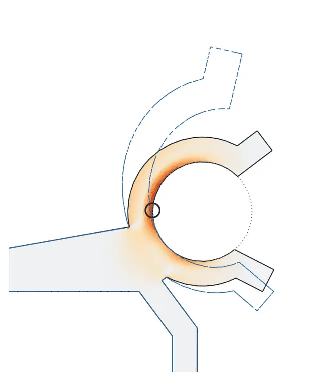 Strain map of the stock claw opened for the rod: dark red at the inside back of the claw, 4.5% at the worst spot.